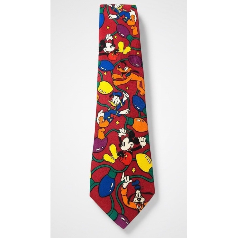 Vintage‎ Disney Christmas Tie Mickey Donald Goofy Lights Red Made in Korea